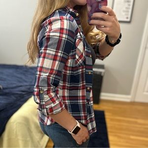 Size 4 (xs) - Primark red/white/blue plaid flannel, gold button up. Form fitting